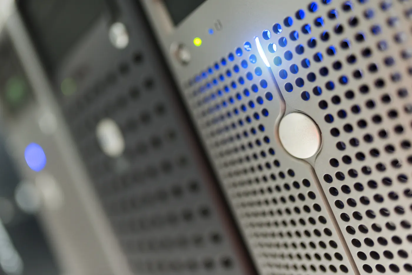 Close-up of server hardware under blue lighting